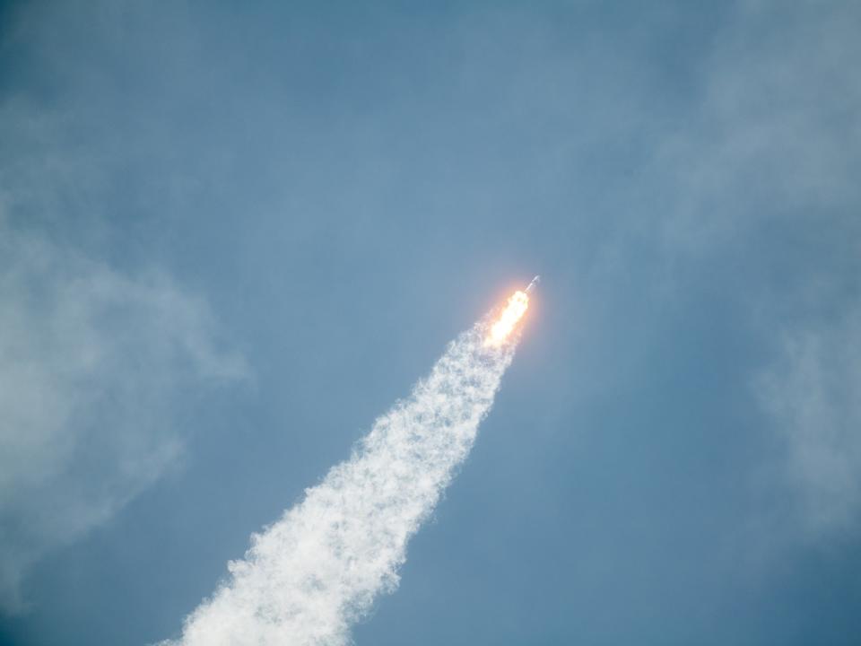 In this SpaceX handout image, a Falcon 9 rocket carrying the company's Crew Dragon spacecraft launches on the Demo-2 mission to the International Space Station with NASA astronauts Robert Behnken and Douglas Hurley onboard at Launch Complex 39A May 30, 2020