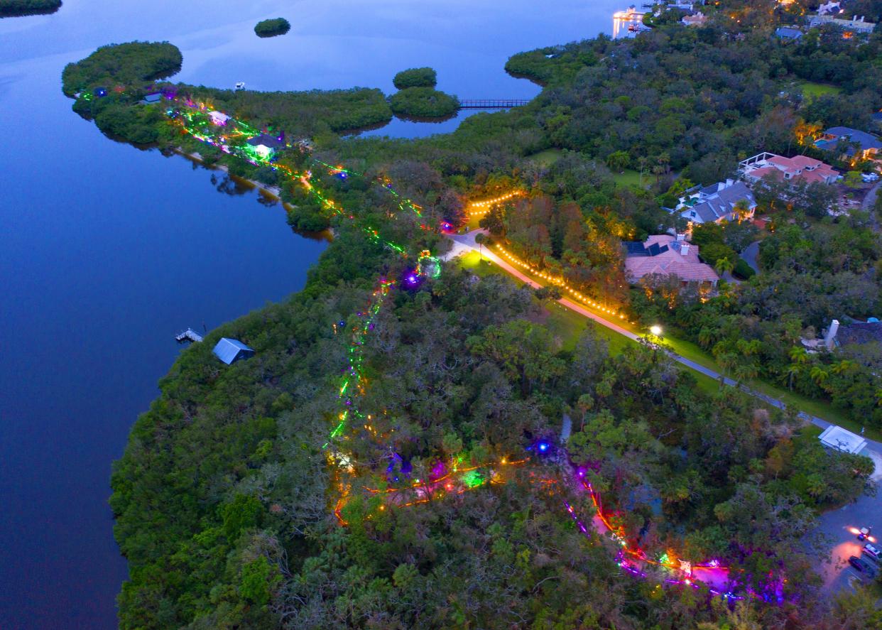 The eerily inviting "Lights at Spooky Point" next to Little Sarasota Bay. Selby Gardens' Halloween light show at its Historic Spanish Point campus in Osprey kicks off on Oct. 13 and runs through Halloween. “Our lighting partners at Affairs in the Air did such an amazing job last year, and we know they will surprise us with some new creations for 2023,” Selby Gardens president Jennifer Rominiecki said. Tickets can be purchased through selby.org or in person at Selby Gardens' Downtown Sarasota or Historic Spanish Point campus.