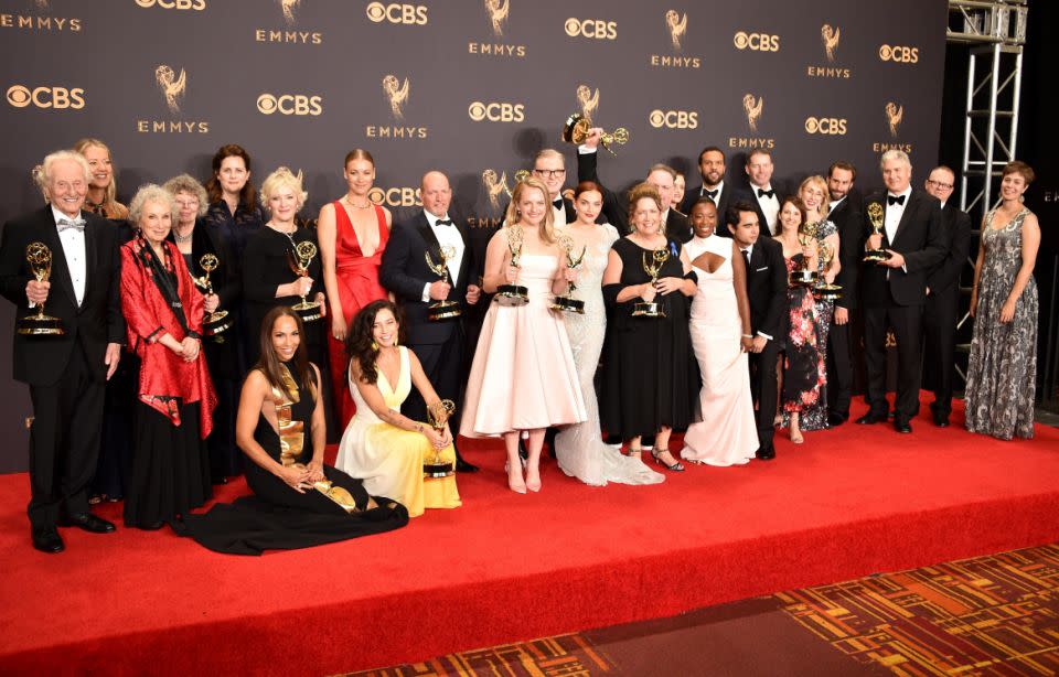 Margaret seen here with the cast of The Handmaid's tale at the Emmy's 2017. Source: Getty