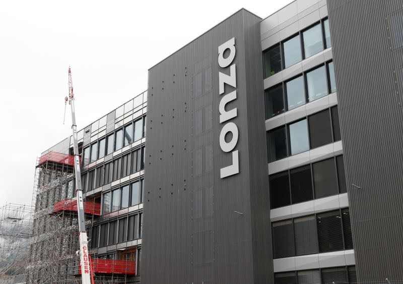 A logo is pictured on the Ibex building of Lonza in Visp