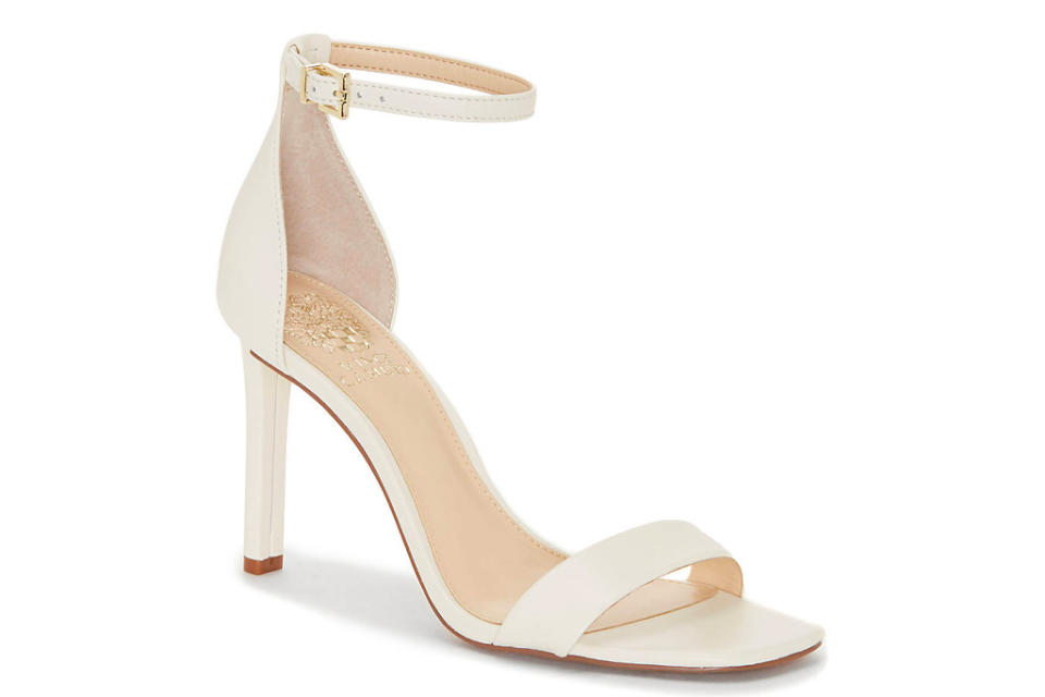 white sandals, heeled, stiletto, strappy, vince camuto