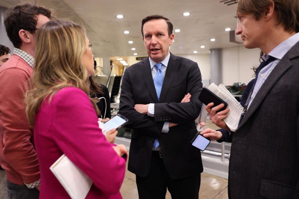 PHOTO: Sen. Chris Murphy speaks to reporters at the U.S. Capitol, on Feb. 5, 2024, in Washington, D.C.  (Kevin Dietsch/Getty Images)