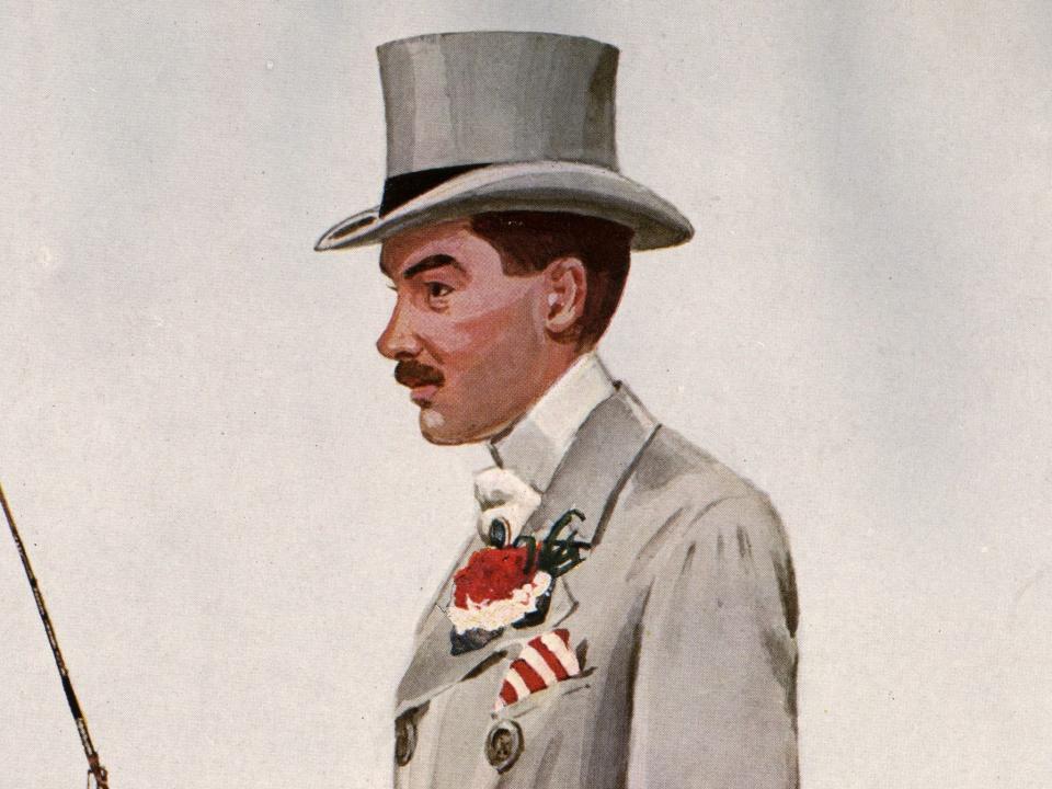 An illustration of Alfred Gwynne Vanderbilt wearing a grey suit with a top hat.