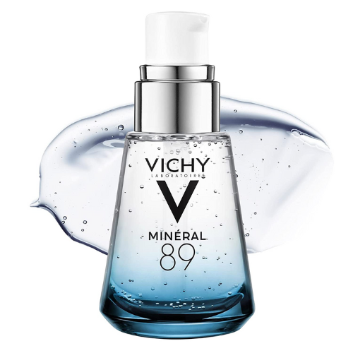 Vichy Mineral 89 Hyaluronic Acid Face Serum in front of Hydrating Swatch of Product