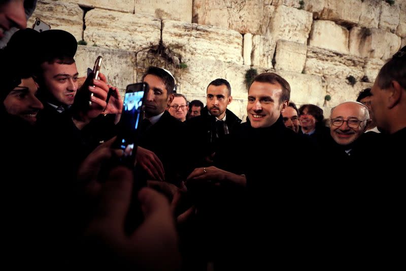 French President Emmanuel Macron visits the Western Wall in Jerusalem Old City