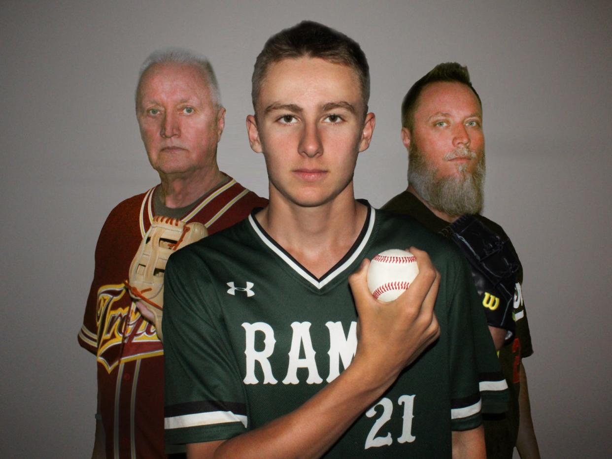 Grandfather Dan Olson, left, and dad Jordan Olson, right, pitched at USC, while Ryder Olson is a sophomore hurler for Pennridge.