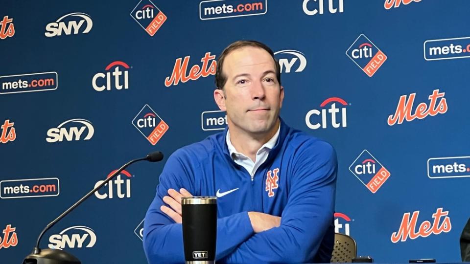 Billy Eppler speaking to the media during Mets end of season news conference on Oct.  14, 2022.