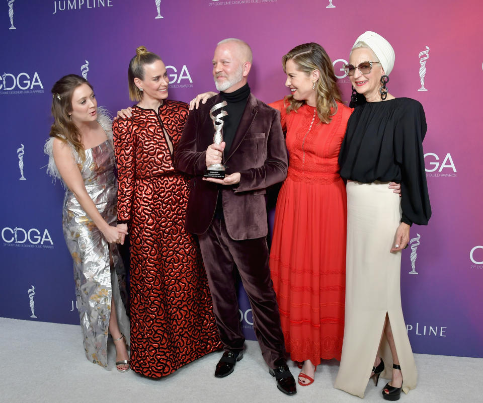 “American Horror Story” alumni at the 2022 Costume Designers Guild Awards (from left to right): Billie Lourd, Sarah Paulson, Ryan Murphy, Leslie Grossman, and Lou Eyrich. - Credit: Getty Images for CDGA