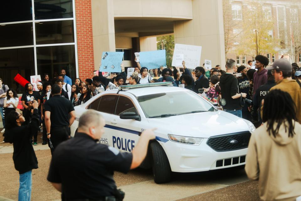 University of Memphis students gathered on campus to protest the appearance of Kyle Rittenhouse speaking on “the lies of Black Lives Matter” and the second amendment at the Memphis chapter Turning Point USA’s event at the campus on Wednesday, March 20, 2024 in Memphis, Tenn.