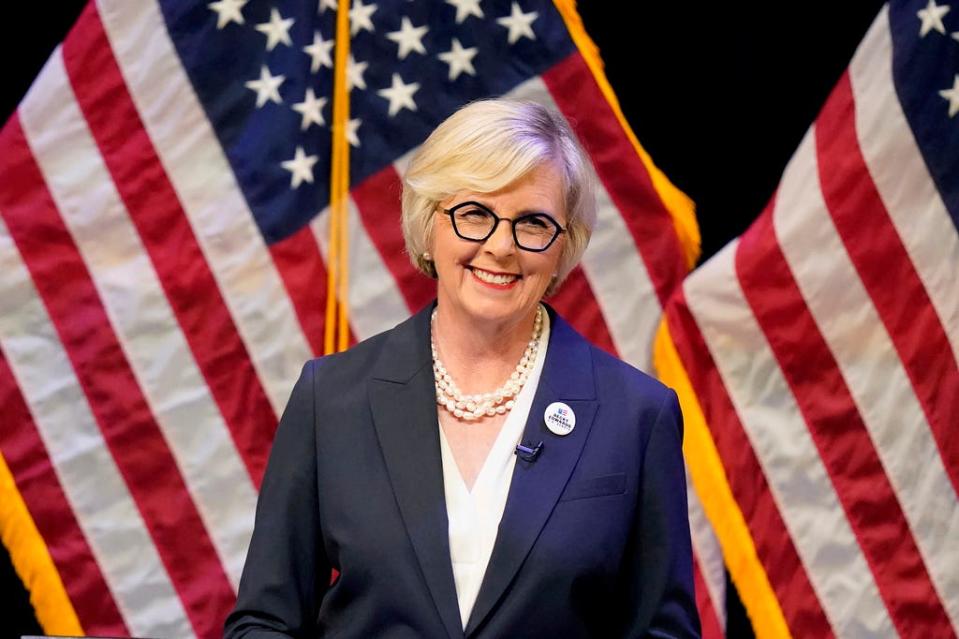 Former state lawmaker and Utah U.S. Senate candidate Becky Edwards speaks during a Republican primary debate on June 1, 2022, in Draper, Utah. Three Republicans will compete in a special primary election in Utah on Tuesday for their party’s nomination to replace U.S. Rep. Chris Stewart. Vying for the nomination are Edwards, businessman and former state party chairman Bruce Hough, and Celeste Maloy, an attorney and former aide to Stewart in Washington. (AP Photo/Rick Bowmer, File)