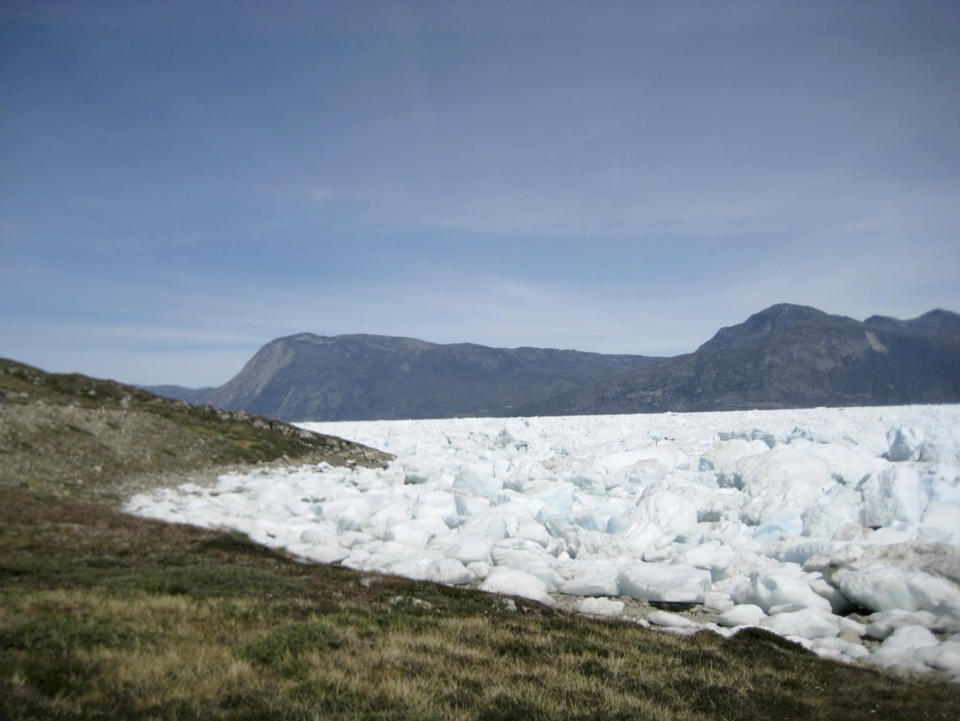 An image taken on June 18, 2019 of the Kangersuneq glacial ice fields in Kapissisillit, Greenland. Milder weather than normal since the start of summer, led to the UN's weather agency voicing concern that the hot air which produced the recent extreme heat wave in Europe could be headed toward Greenland where it could contribute to increased melting of ice. | Keith Virgo—AP
