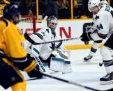 San Jose Sharks goalie Martin Jones (31) watches after a rebound during the third period against the Nashville Predators in game three of the second round of the 2016 Stanley Cup Playoffs at Bridgestone Arena. Mandatory Credit: Christopher Hanewinckel-USA TODAY Sports