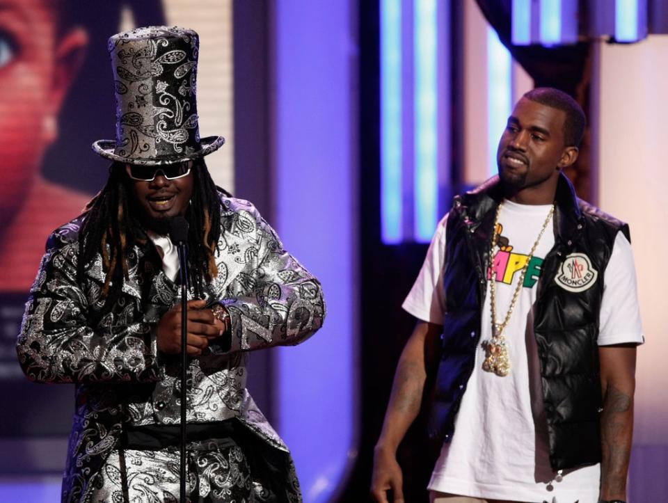 File image: T-Pain and rapper Kanye West accept the Best Collaboration award onstage during the 2008 BET Awards (Getty Images)