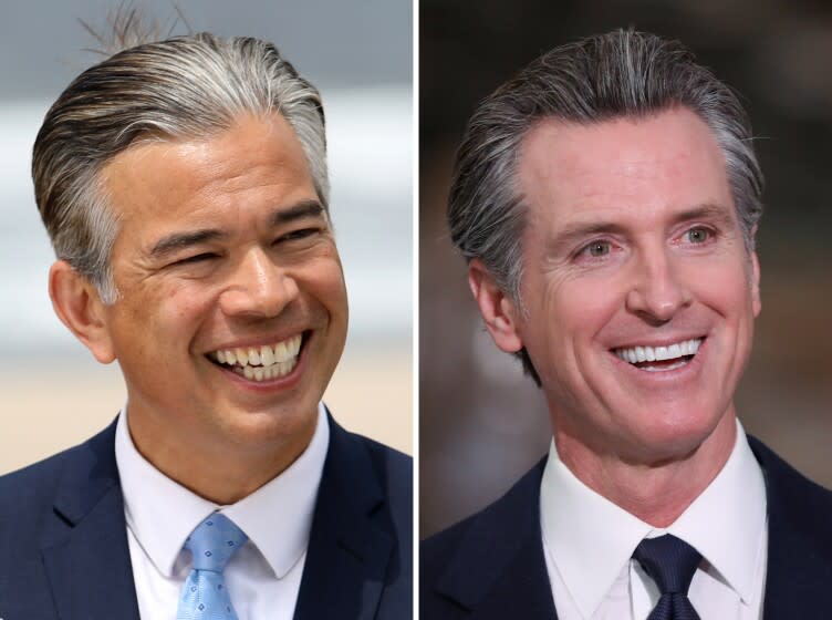 California Attorney General Rob Bonta and Governor Gavin Newsom (Gary Coronado and Allen J. Schaben / Los Angeles Times)