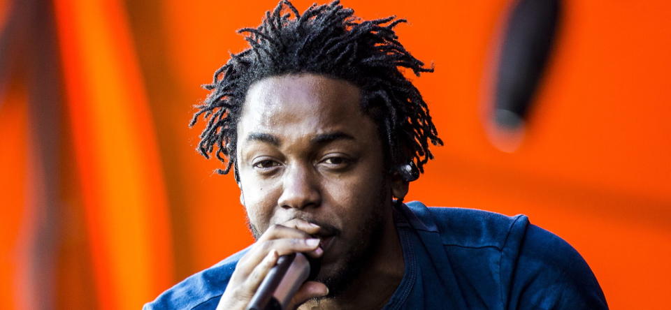 Kendrick Lamar, the American rapper and lyricist, performs a live concert at Orange Stage at the Danish music festival Roskilde Festival 2015.