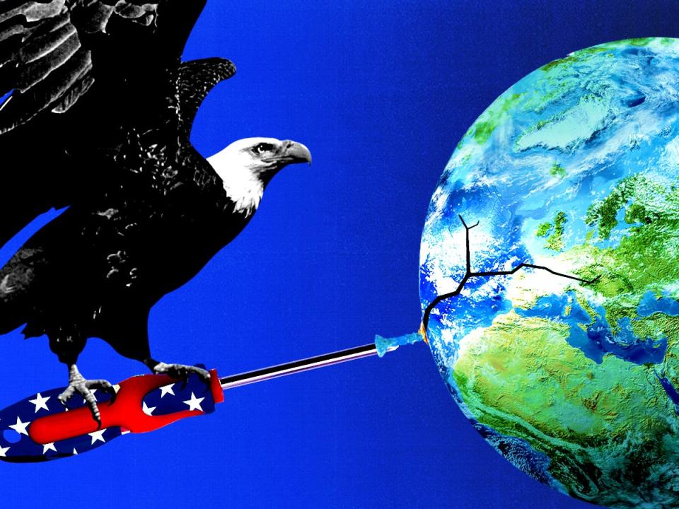 A bald eagle holding an American flag screwdriver, unscrewing a screw in a globe with a view of Europe