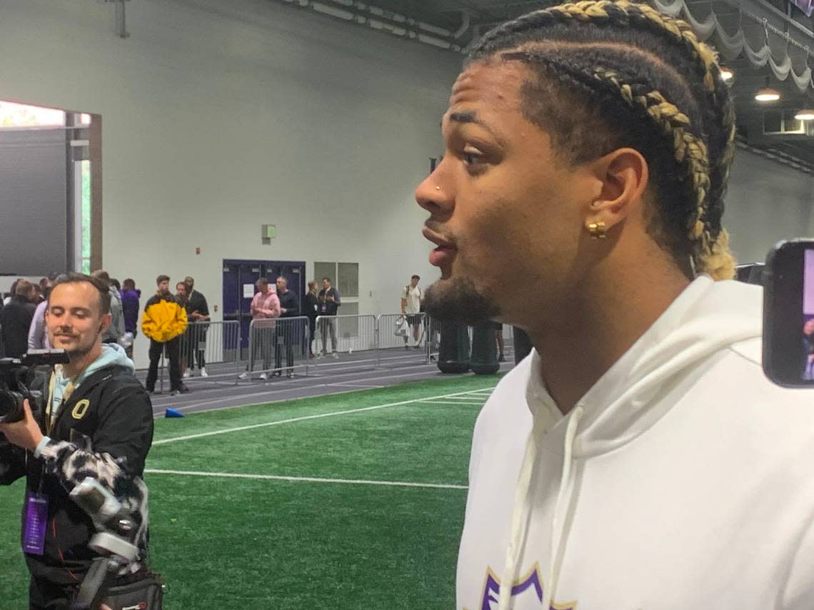 Wide receiver Rome Odunze, expected to be one of the top 10 players selected in the 2024 NFL draft, watched and did not participate in drills at his University of Washington Pro Day at UW’s Dempsey Indoor facility March 28, 2024. Gregg Bell/The News Tribune