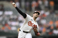 Baltimore Orioles starting pitcher Dean Kremer throws during the first inning of a baseball game against the New York Yankees, Tuesday, April 30, 2024, in Baltimore. (AP Photo/Nick Wass)