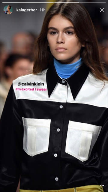 <p>Kaia posted a second photo of her walk to model superstardom, writing, “I’m excited I swear.” She’s already got the catwalk pout down, doesn’t she? (Photo: Kaia Gerber via Instagram Stories) </p>