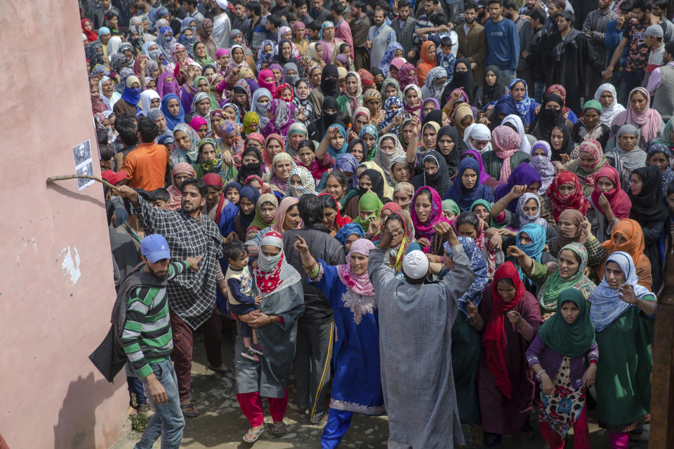 Kashmiri villagers shout slogans during the funeral procession of top rebel commander Gulzar Ahmed Paddroo in Aridgeen, about 75 kilometers south of Srinagar, Indian controlled Kashmir, Saturday, Sept 15, 2018. Indian troops laid a siege around a southern village in Qazigund area overnight on a tip that militants were hiding there, police said. A fierce gunbattle erupted early Saturday, and hours later, five local Kashmiri rebels were killed. (AP Photo/Dar Yasin)
