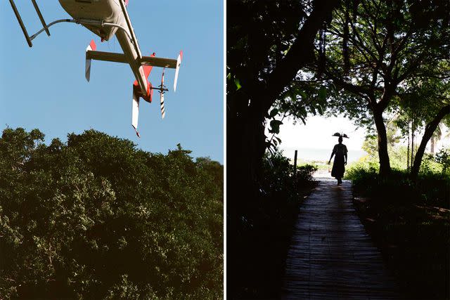 <p>Michael Turek</p> From left: Guests arriving at andBeyond Benguerra Island by helicopter; a staffer delivers room service at andBeyond.