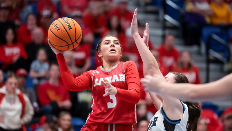 Kanab’s Anna Cutler goes to the hoop in the 2A high school girls basketball championship game against Beaver at Salt Lake Community College in Taylorsville on Saturday, Feb. 25, 2023.