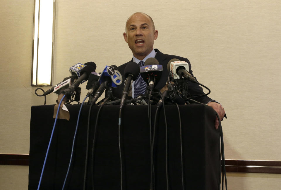 FILE - Attorney Michael Avenatti speaks at a news conference on Feb. 22, 2019, in Chicago. Avenatti said he gave Chicago prosecutors new video evidence of Kelly having sex with an underage girl, and that it is not the same evidence used in Kelly's 2008 trial, when he was acquitted on child pornography charges. Kellly, the 54-year-old R&B singer, will once again head to court this week. His federal trial in New York begins Wednesday, Aug. 18. 2021, and will explore years of sexual abuse allegations. He has vehemently denied the allegations against him. (AP Photo/Kiichiro Sato, File)