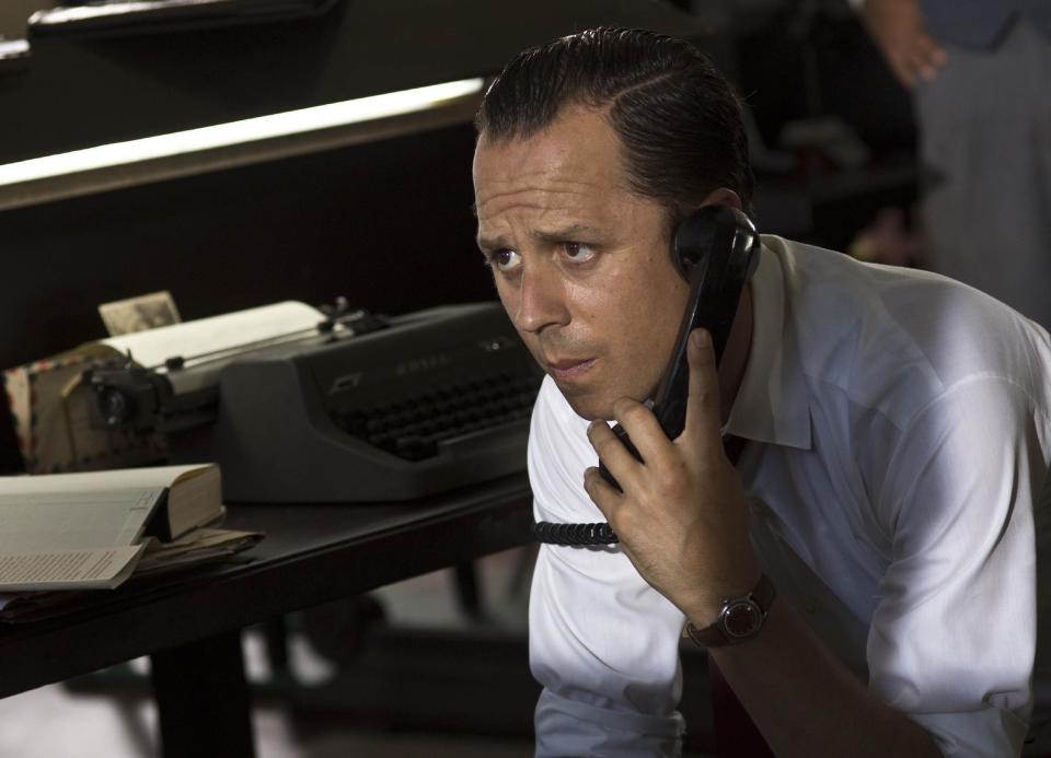 In this April 26, 2014 photo, actor Giovanni Ribisi in acts a scene while shooting the movie "Papa" in Havana, Cuba. An international film crew has been filming in the streets of Havana in recent weeks for "Papa," a biopic about the budding friendship between Hemingway and a young journalist in turbulent, pre-revolution Cuba. Years in the making, producers say it is the first full-length feature film with a Hollywood director and actors to be shot in the country since the 1959 revolution. (AP Photo/Ramon Espinosa)
