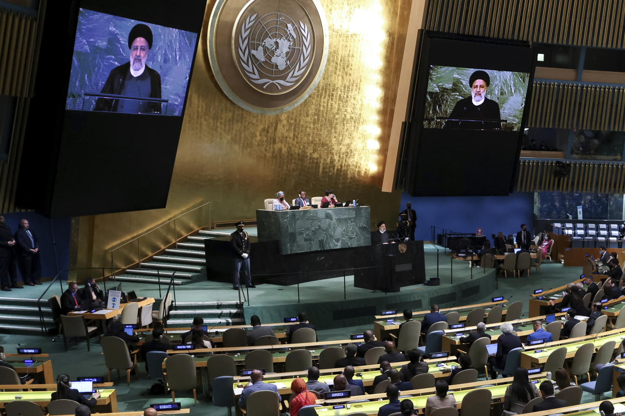 President of Iran Ebrahim Raisi addresses the 77th session of the United Nations General Assembly, Wednesday, Sept. 21, 2022. (AP Photo/Julia Nikhinson)