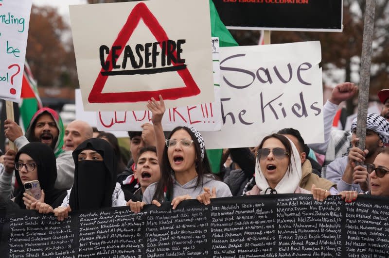 Palestinian supporters march in Missouri on November 9, calling for a ceasefire in Gaza. The issue has divided Democrats. File Photo by Bill Greenblatt/UPI