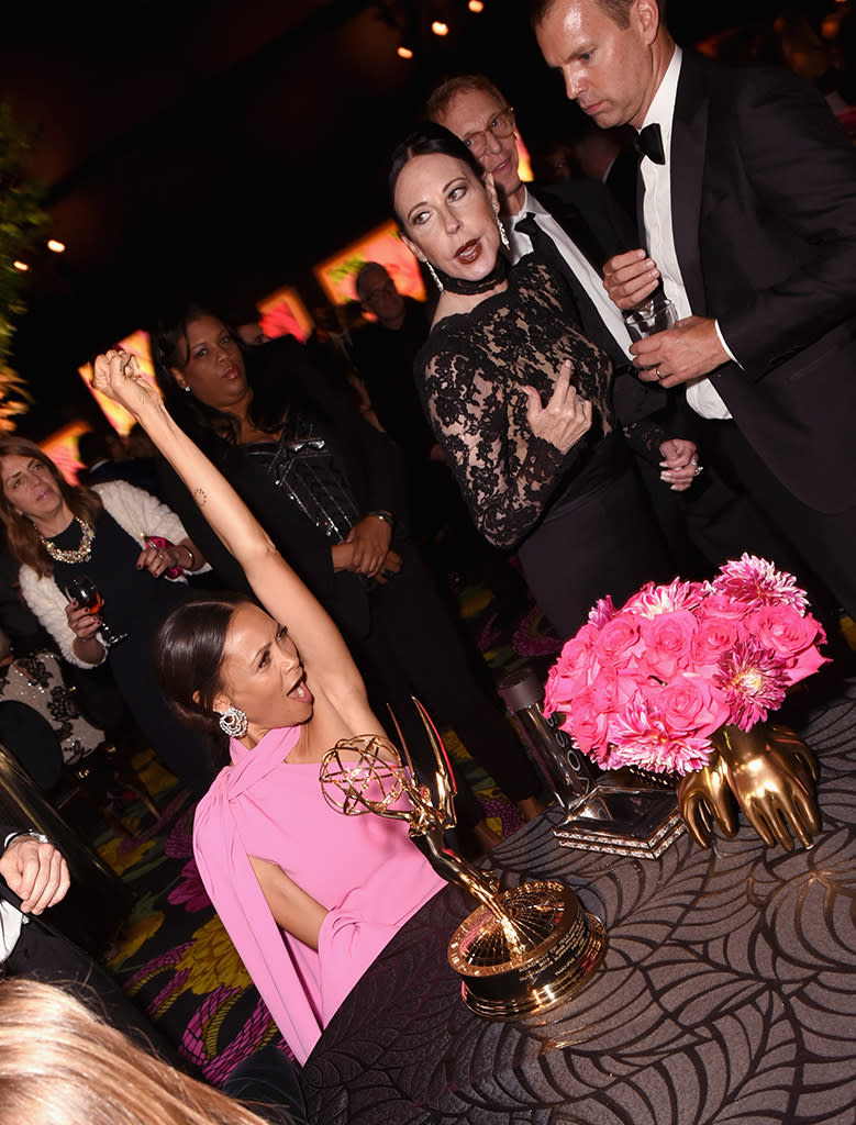 <p>An exuberant Thandie Newton celebrated her win for Outstanding Supporting Actress in a Drama Series at the Governors Ball. (Photo: FilmMagic/FilmMagic for HBO) </p>