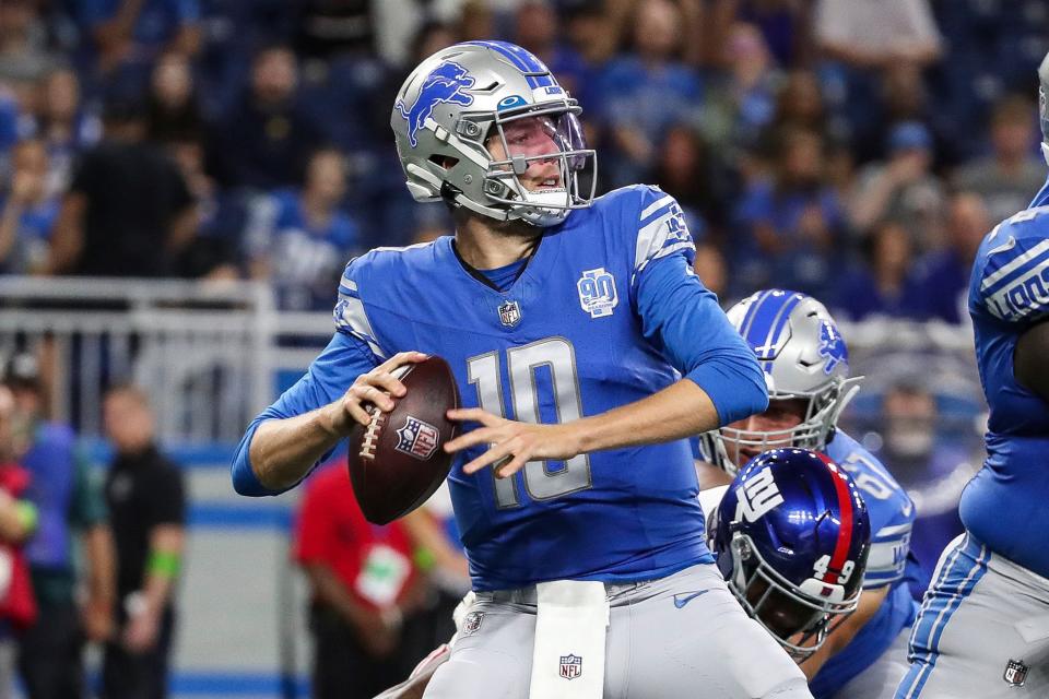 Detroit Lions quarterback Nate Sudfeld (10) makes a pass against <a class="link " href="https://sports.yahoo.com/nfl/teams/ny-giants/" data-i13n="sec:content-canvas;subsec:anchor_text;elm:context_link" data-ylk="slk:New York Giants;sec:content-canvas;subsec:anchor_text;elm:context_link;itc:0">New York Giants</a> during the first half of a preseason game at Ford Field in Detroit on Friday, Aug. 11, 2023.