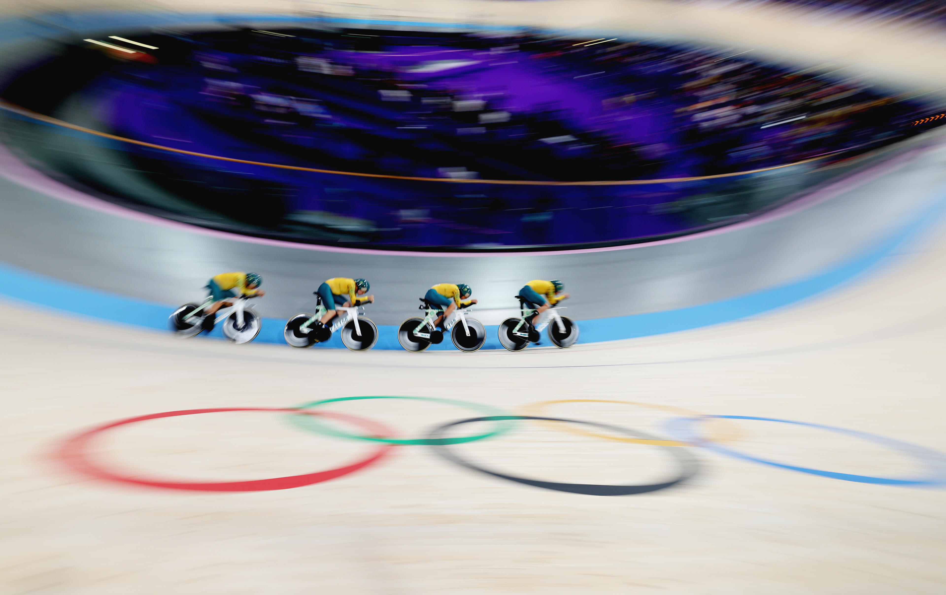 PARIS, FRANCE - AUGUST 05: A general view of Sam Welsford, Oliver Bleddyn, Conor Leahy and Kelland O'Brien of Team Australia compete during the Men's Team Pursuit Qualifiers on day ten of the Olympic Games Paris 2024 at Saint-Quentin-en-Yvelines Velodrome on August 05, 2024 in Paris, France. (Photo by Pascal Le Segretain/Getty Images)