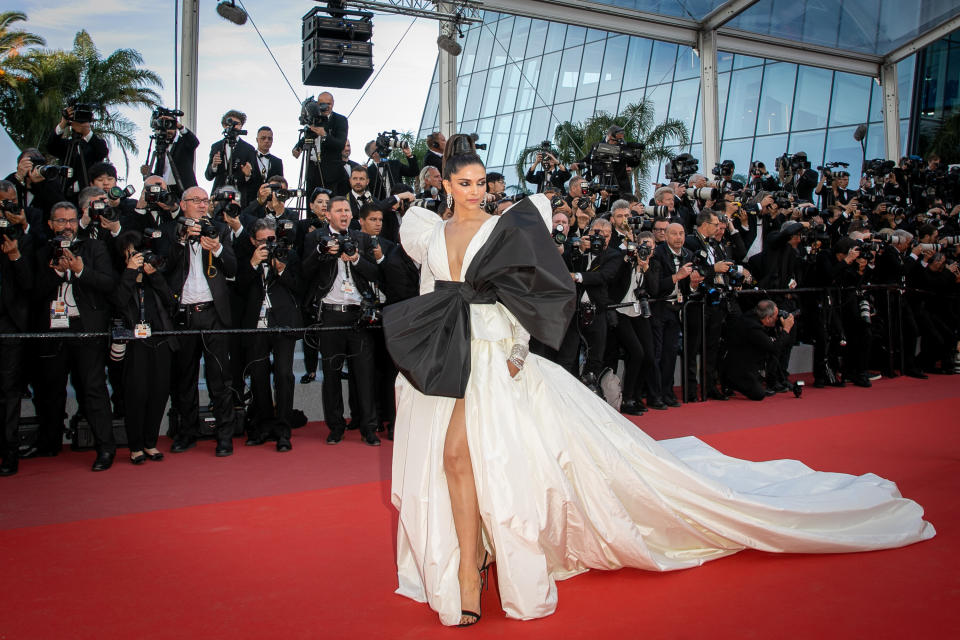 The actress wears a gown by Peter Dundas at the "Rocketman" screening on May 16.