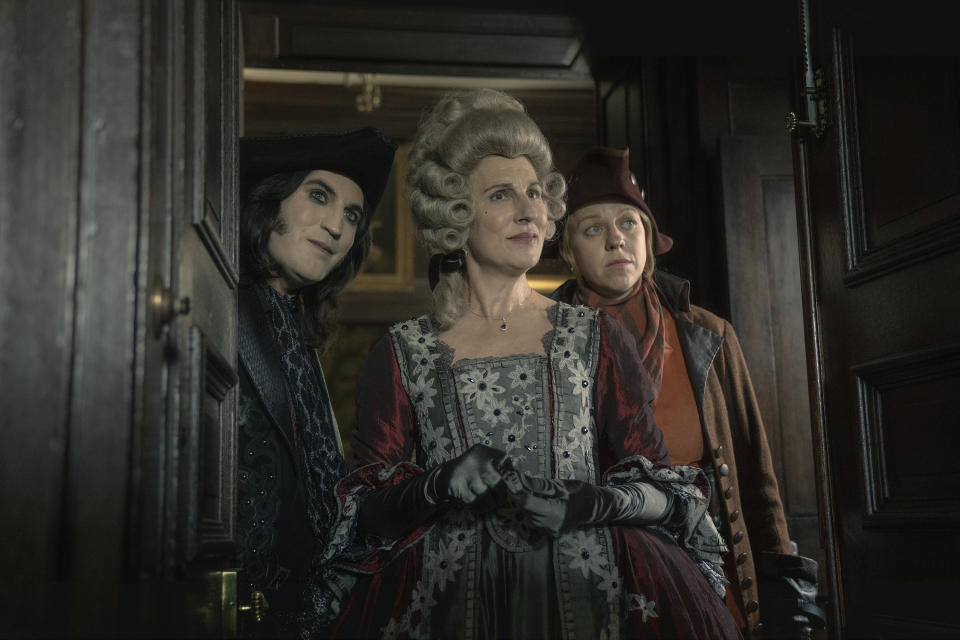 This image released by Apple TV+ shows Noel Fielding, from left, Tamsin Greig and Ellie White in "The Completely Made-Up Adventures of Dick Turpin," premiering March 1. (Mark Johnson/Apple TV+ via AP)