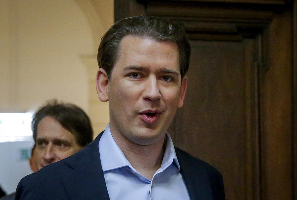 Former Austrian Chancellor Sebastian Kurz appears at court for the expected verdict of his trial in Vienna, Austria, Friday, Feb.23, 2024. Kurz is charged with having allegedly making false statements to a parliamentary inquiry into alleged corruption in his first government. (AP Photo/Heinz-Peter Bader)