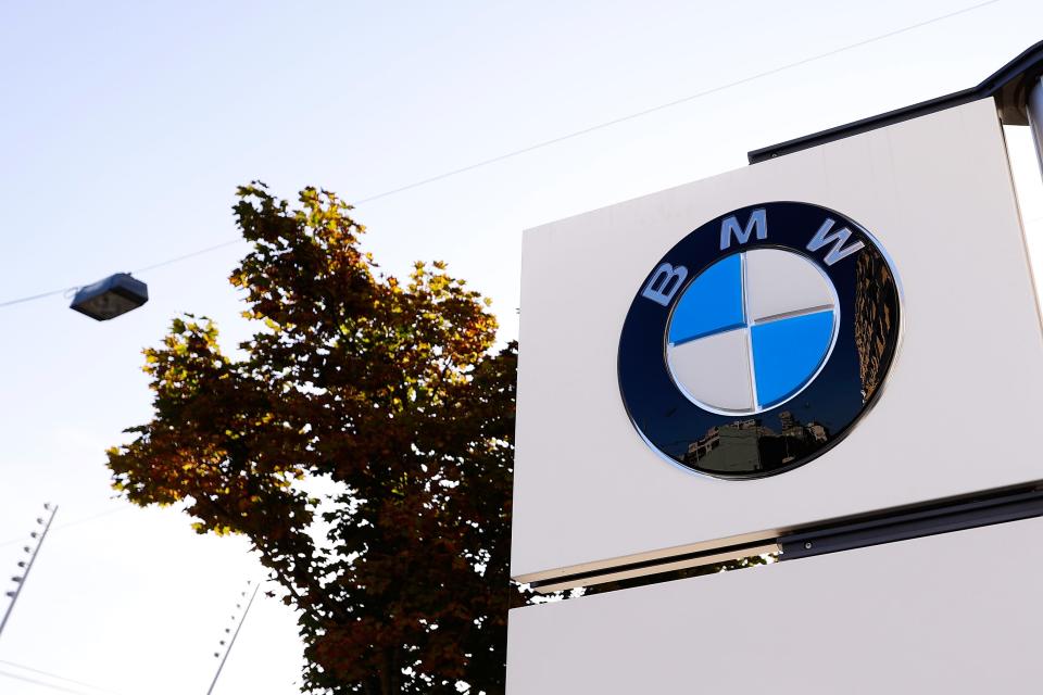 The Bayerische Motoren Werke AG logo, best known as BMW, the German multinational manufacturer of luxury vehicles and motorcycles headquartered in Munich, captured in one of its dealer centers on November 13, 2023, in Zrich, Switzerland.