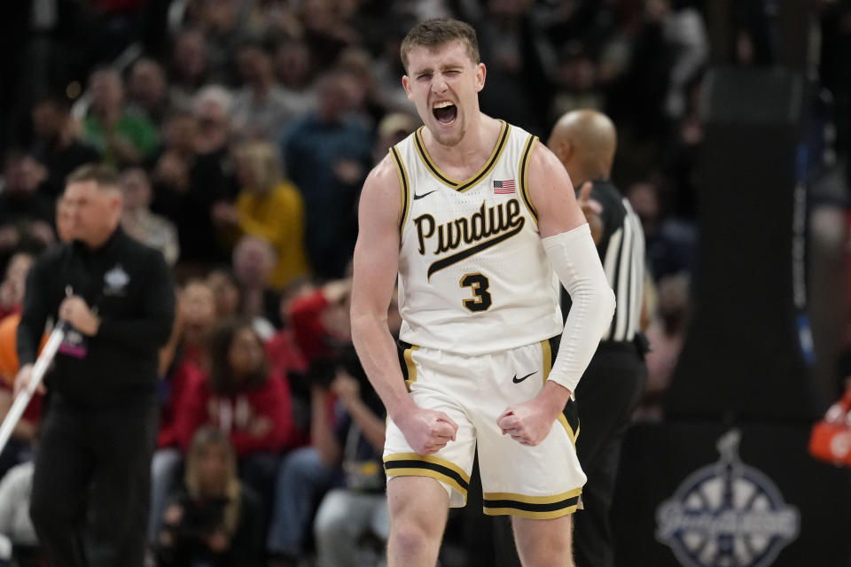 Purdue guard Braden Smith (3) reacts after being fouled in the second half of an NCAA college basketball game against Arizona in Indianapolis, Saturday, Dec. 16, 2023. (AP Photo/AJ Mast)