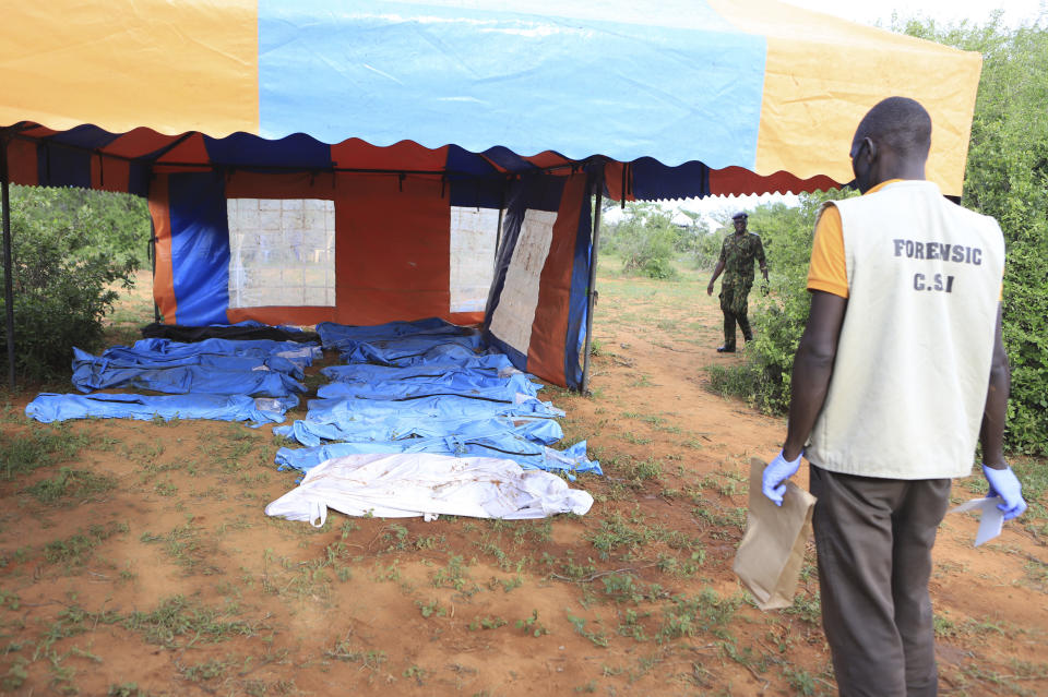 Bodybags with victims of a Christin cult are seen during the exhumation from a forest at Shakahola outskirts of Malindi town, Kenyan Coast Tuesday, April 25, 2023. Kenya's president William Ruto said Monday that the starvation deaths of dozens of followers of pastor Paul Makenzi, who was arrested on suspicion of telling his followers to fast to death in order to meet Jesus, is akin to terrorism (AP Photo)