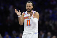 New York Knicks' Jalen Brunson reacts during the first half of Game 3 in an NBA basketball first-round playoff series against the Philadelphia 76ers, Thursday, April 25, 2024, in Philadelphia. (AP Photo/Matt Slocum)