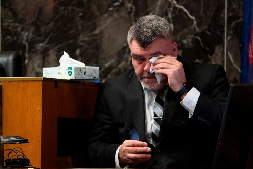 PHOTO: Lead investigator for the Oxford High School shooting Lt. Timothy Willis gets emotional as he testifies in the trial of Jennifer Crumbley in the Oakland County courtroom, Feb. 1, 2024 in Pontiac, Mich. (Mandi Wright/Detroit Free Press via AP)