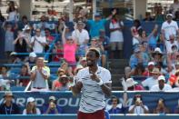 Jul 24, 2016; Washington, DC, USA; Gael Monfils of France celebrates after match point against Ivo Karlovic of Croatia (not pictured) in the men's singles final of the Citi Open at Rock Creek Park Tennis Center. Monfils won 5-7, 7-6(6), 6-4. Mandatory Credit: Geoff Burke-USA TODAY Sports