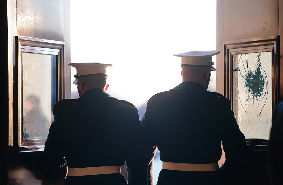 <p>White House Marine sentries rehearse opening doors at the East Front of the U.S. Capitol ahead of the 59th presidential inauguration. </p>