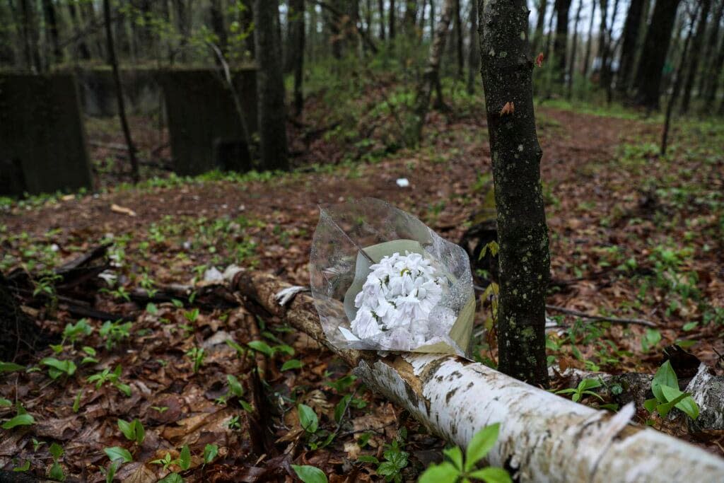 Flowers rested in the woods nearby where Mikayla Miller was found dead in Hopkinton. ERIN CLARK/GLOBE STAFF