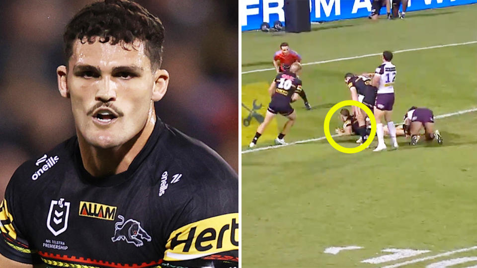 Nathan Cleary and Mitch Kenny in action for the Panthers.