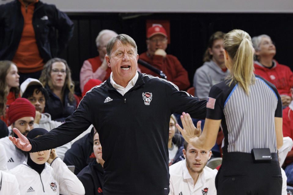 North Carolina State head coach Wes Moore protests a call during the first half of an NCAA college basketball game against Vanderbilt in Raleigh, N.C., Wednesday, Nov. 29, 2023. (AP Photo/Ben McKeown)