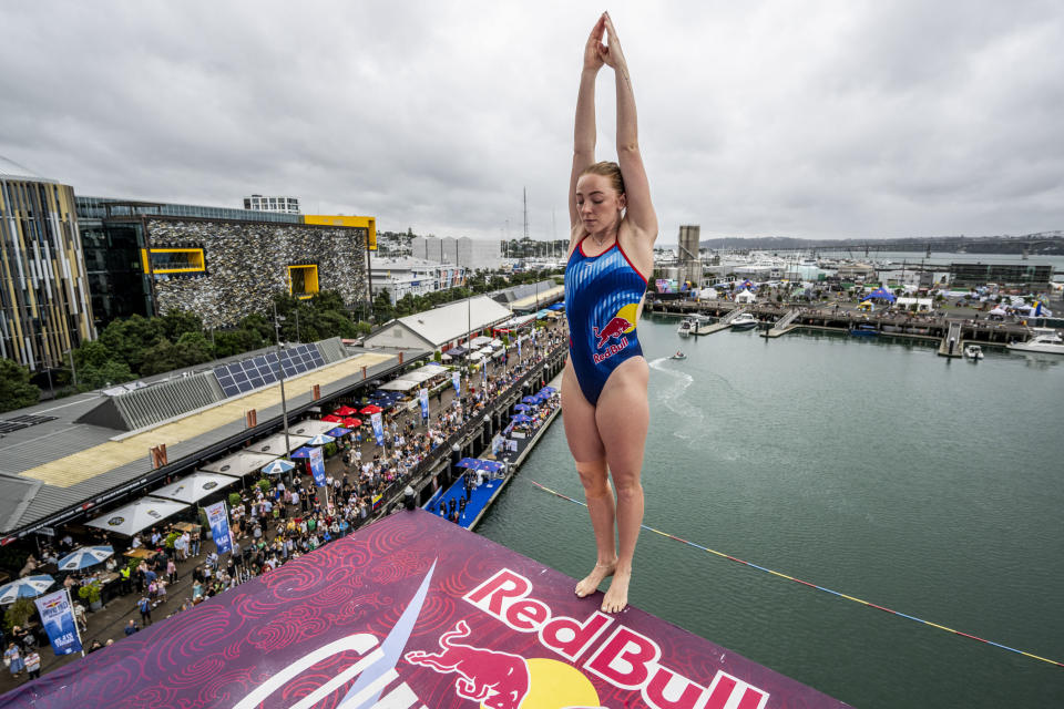 AUCKLAND, NEW ZEALAND - JANUARY 28: (EDITORIAL USE ONLY) In this handout image provided by Red Bull, Molly Carlson of Canada prepares to dive from the 21 metre platform during the final competition day of the rescheduled sixth and final stop of the 2023 Red Bull Cliff Diving World Series on January 28, 2024 at Auckland, New Zealand. (Photo by Dean Treml/Red Bull via Getty Images)