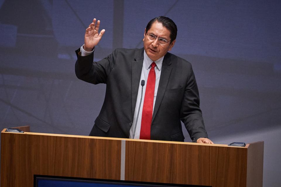 Jonathan Nez gives his opening statement during the Navajo Nation Presidential candidate forum at Sandra Day O' Connor law school on July 12, 2022 in Phoenix.