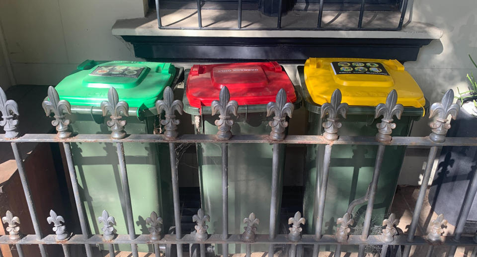 A photo of bins behind a fence at the front of a terrace property. 