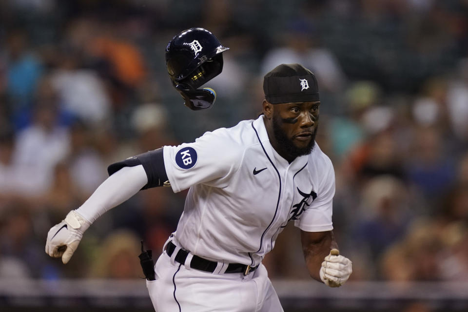 Detroit Tigers' Akil Baddoo safely reaches first on a single to third during the fifth inning of a baseball game against the Cleveland Guardians, Wednesday, Aug. 10, 2022, in Detroit. (AP Photo/Carlos Osorio)